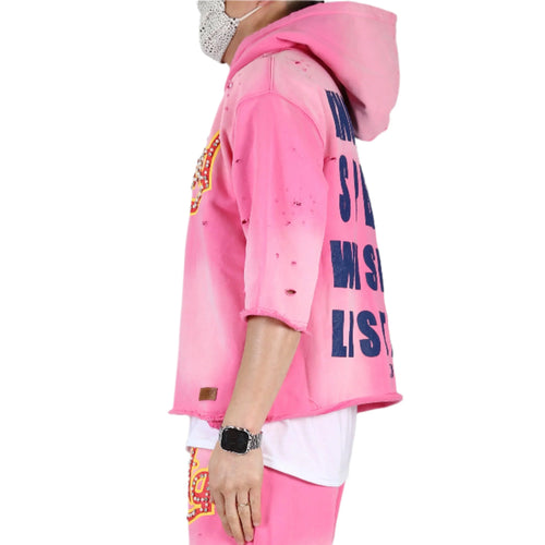 DARIUS French Terry 3/4 Sleeve Crop Top Pullover Hoodie