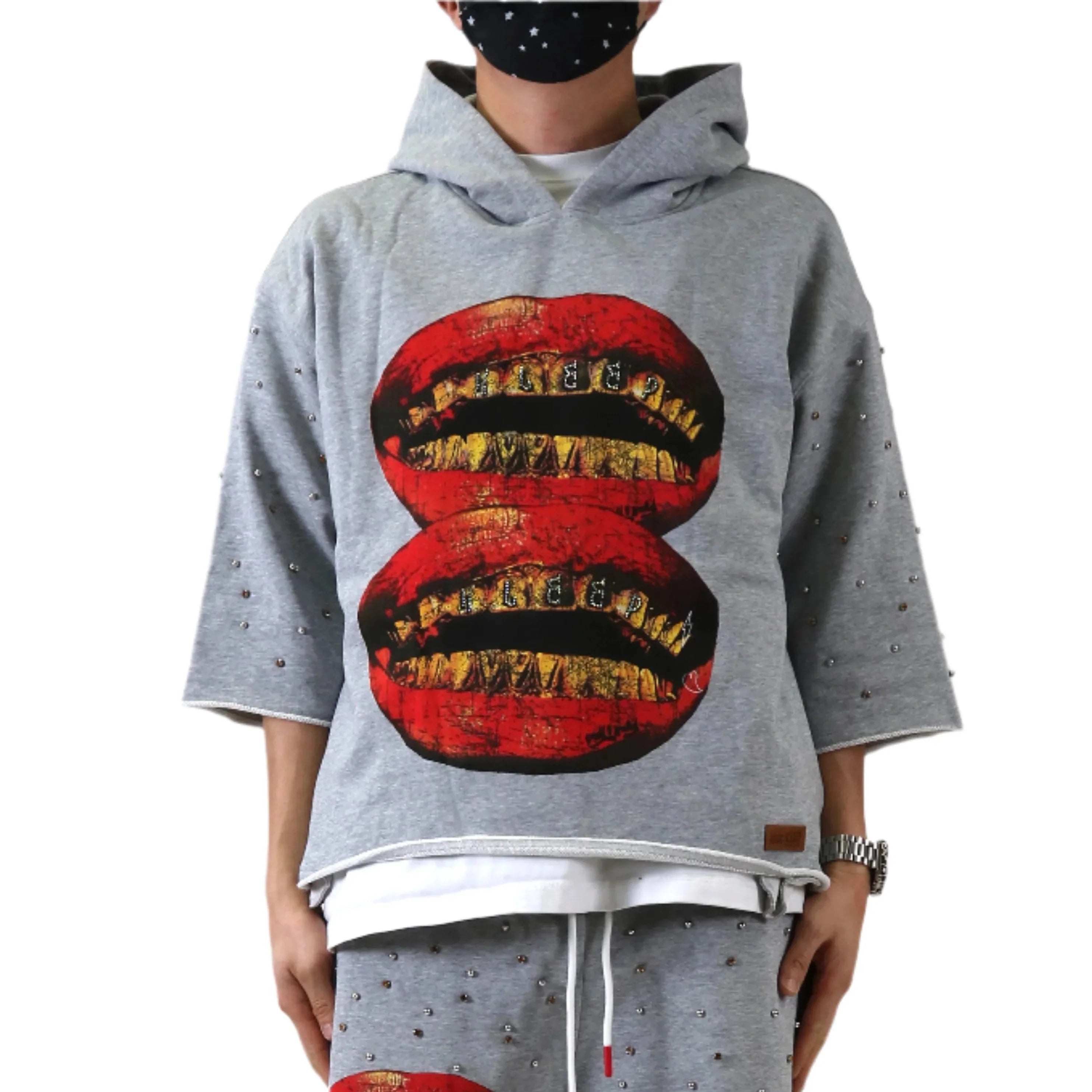 PETTI French Terry 3/4 Sleeve Crop Top Pullover Hoodie