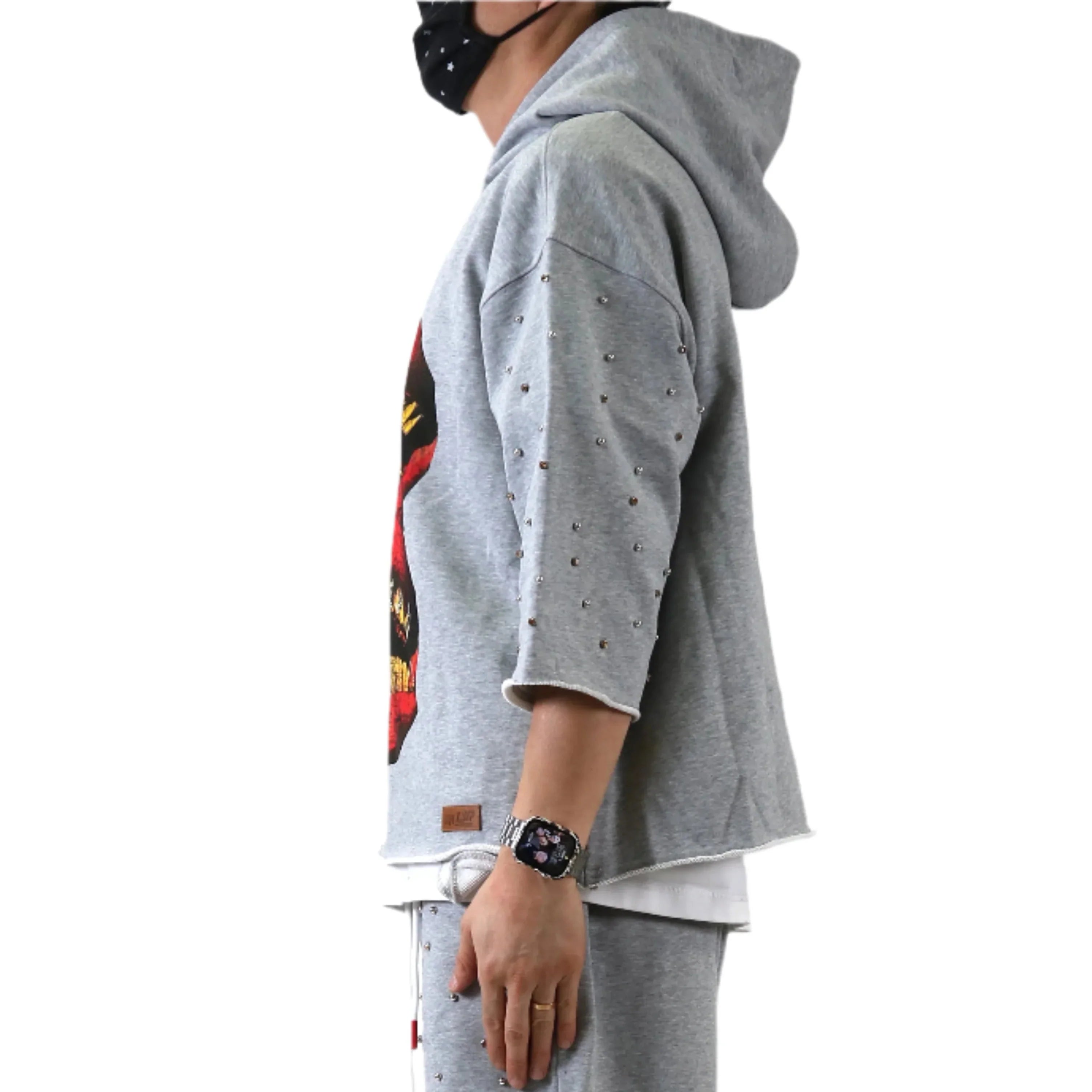 PETTI French Terry 3/4 Sleeve Crop Top Pullover Hoodie