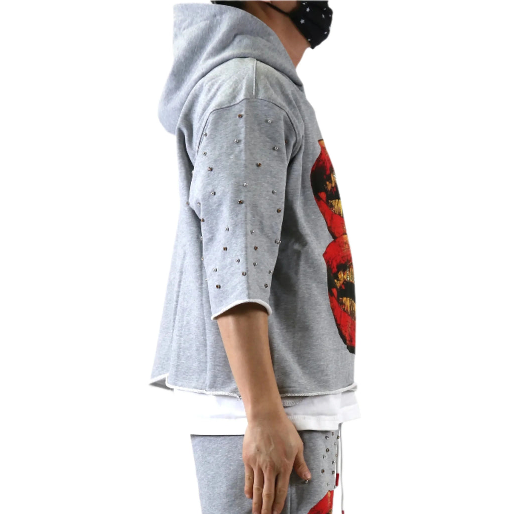 PETTI French Terry 3/4 Sleeve Crop Top Pullover Hoodie