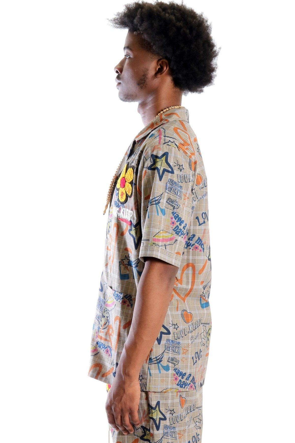 Velo L.T.K. Men's premium Short Sleeve Plaid button down shirt with hand sketch drawing pop art