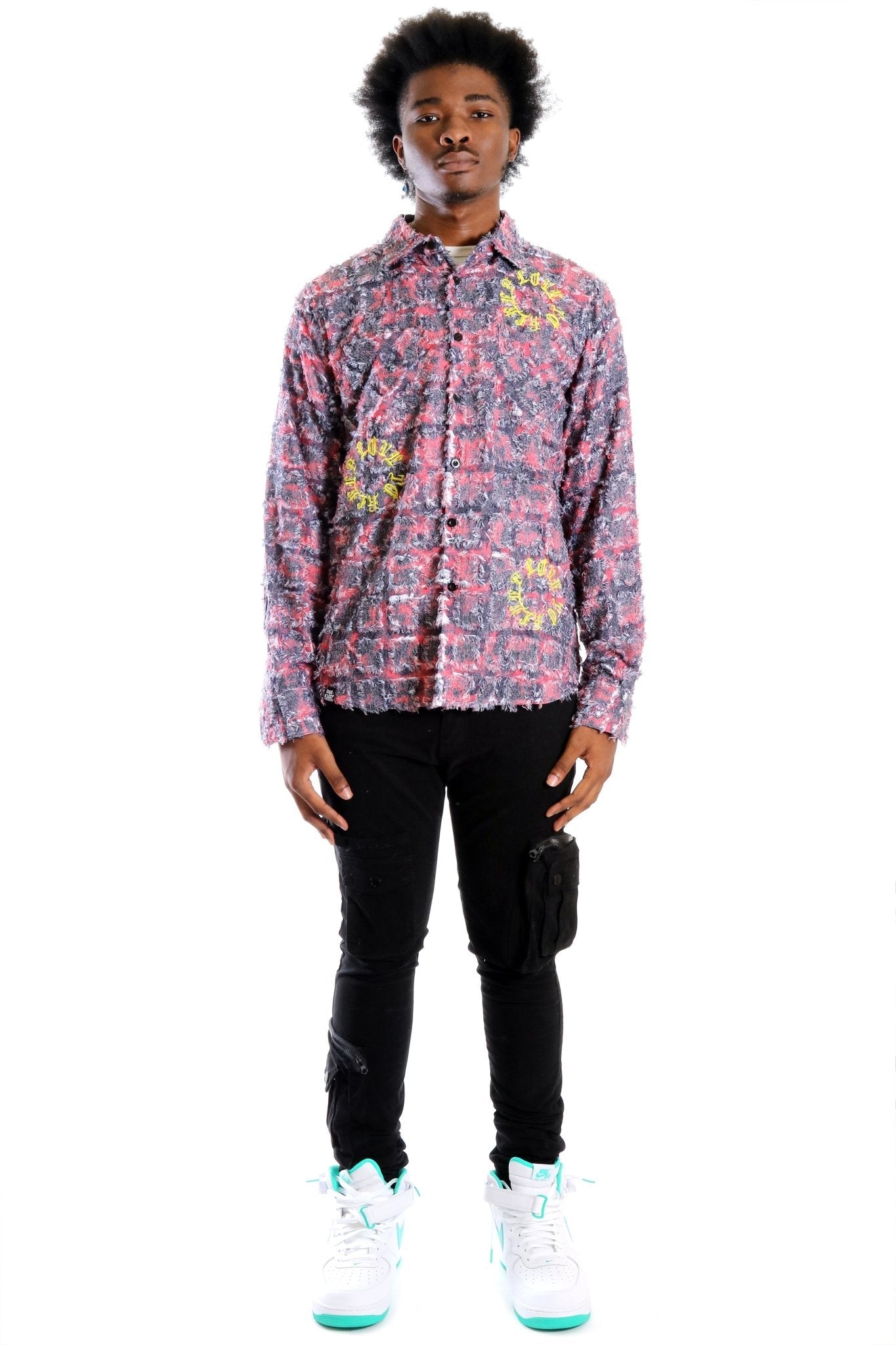 KONA Men's ripped & repaired button down shirt