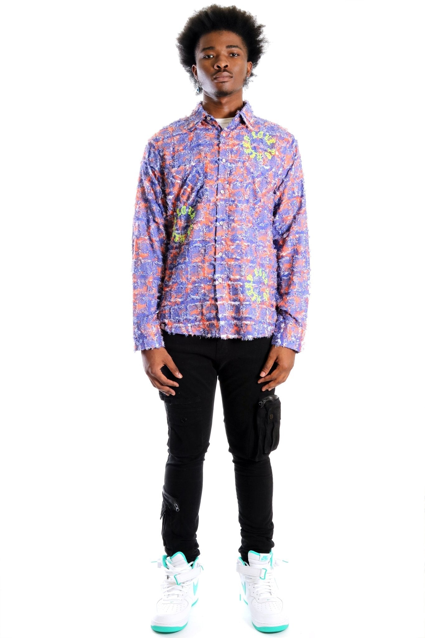 Pello Men's ripped & repaired button down shirt