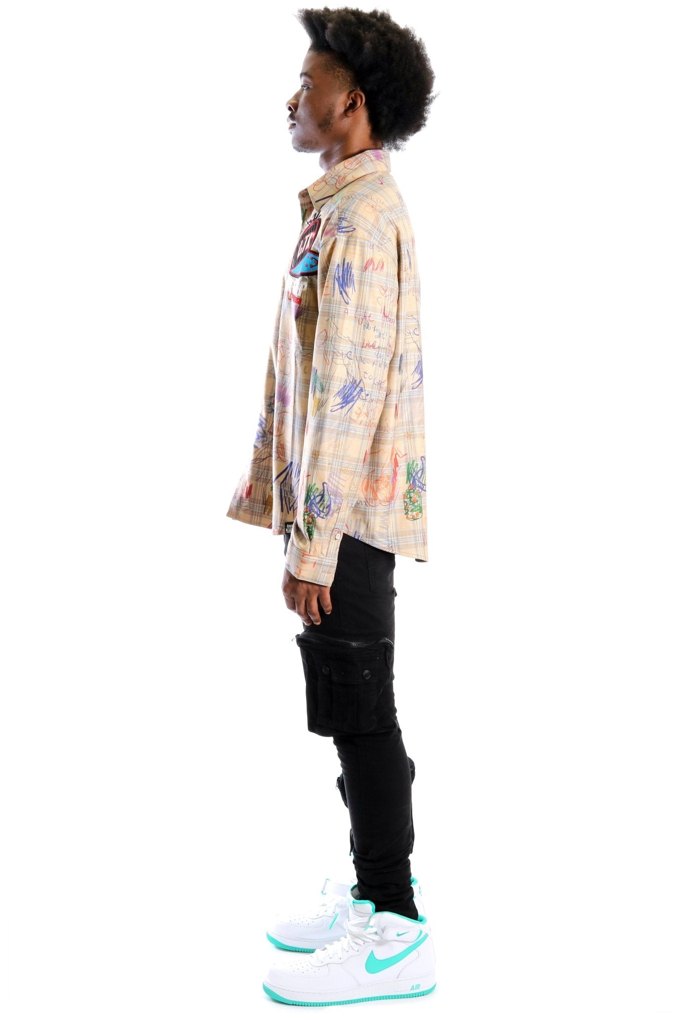 Maxis L.T.K. Men's premium Long Sleeve Plaid button down shirt with hand sketch drawing pop art
