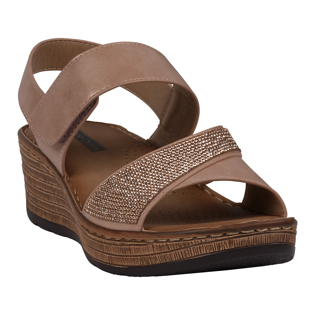 Women's Lux Blush Embellished Velcro Wedge Sandals
