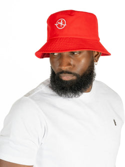 Model wearing red Makobi Colton Nylon Bucket Hat