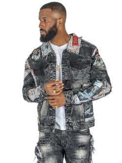 Makobi Mohadi Denim Jacket in Black, worn by a model