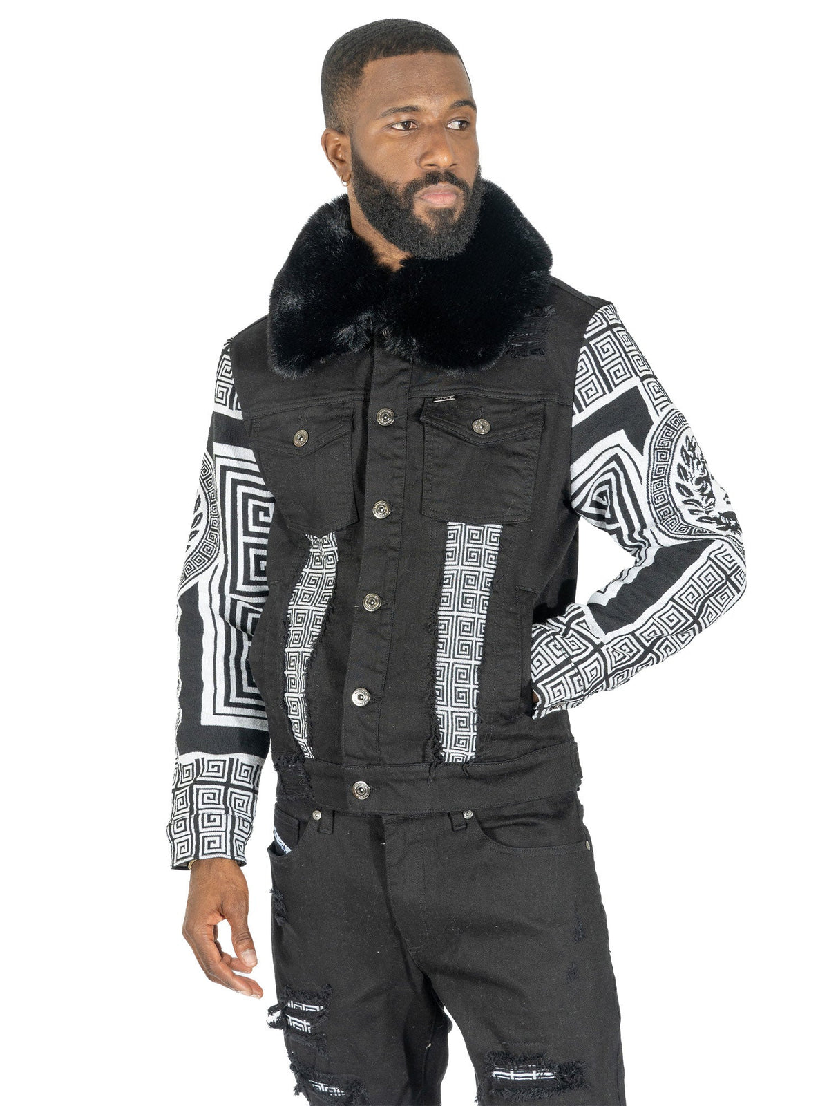 Makobi Sartoni Denim Jacket in Black, worn front view