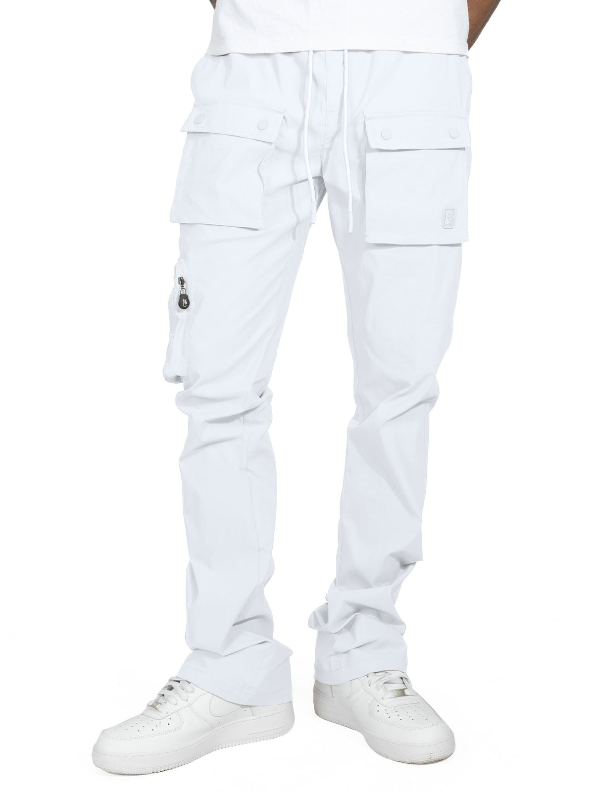 Makobi Sartoni Nylon Stacked Pants, White, worn by model, front view