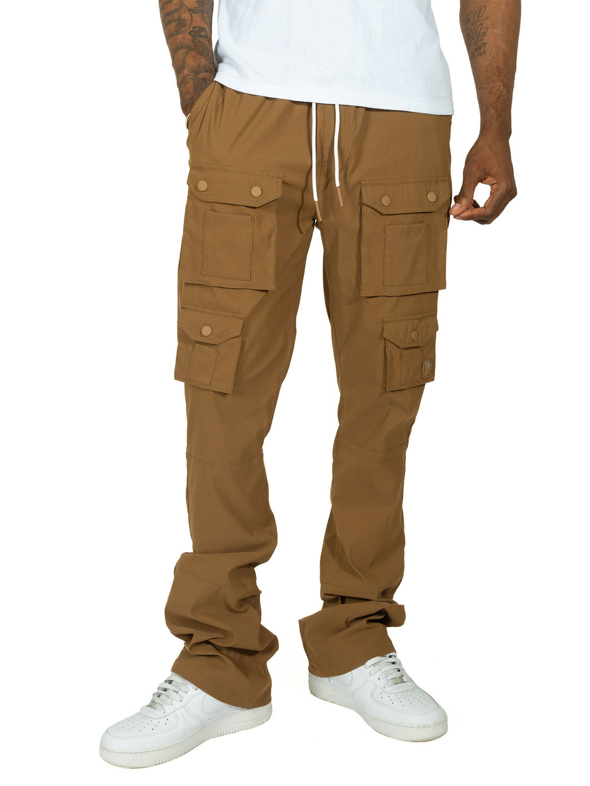 Makobi Colton 34” Stack Sweat Pants, Mocha, worn by a model