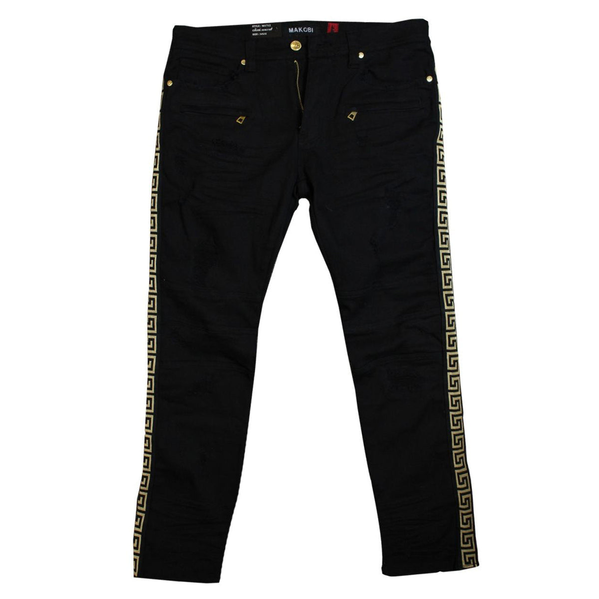 Makobi Biker Jeans with Side Taping in Black, front view