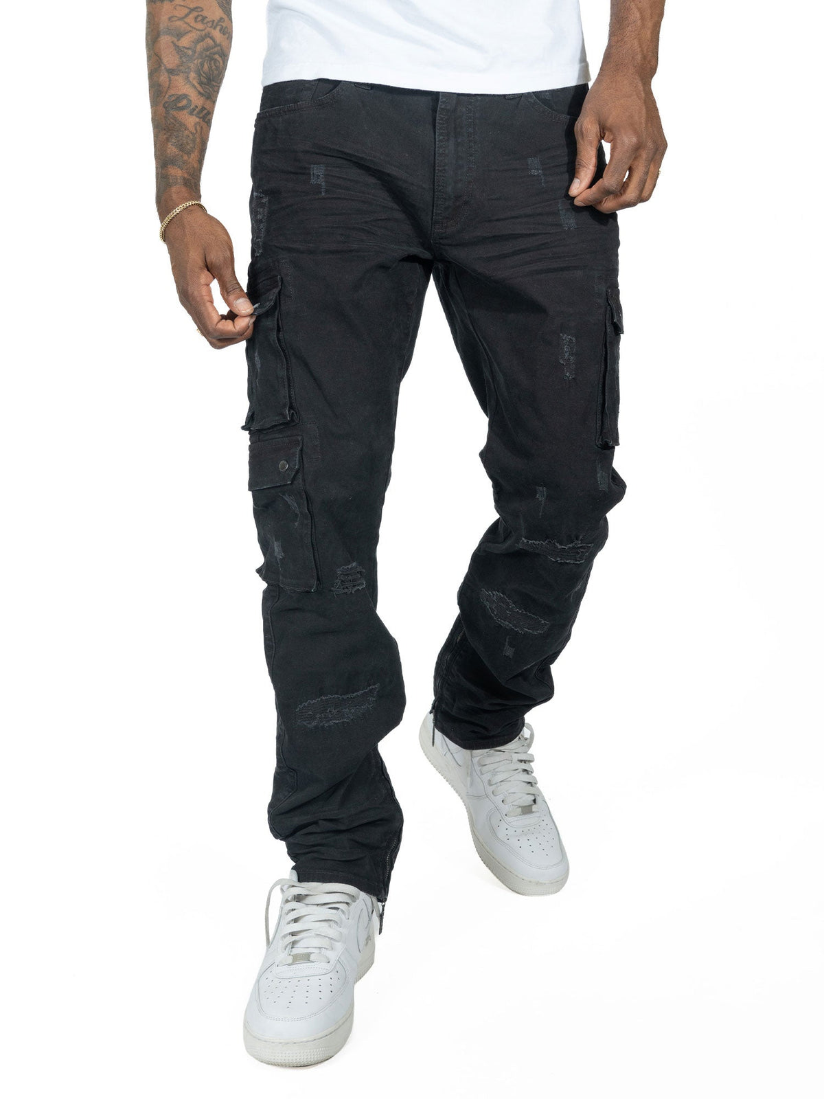 Makobi Berteli Acid Cargo Pants in Black, worn front view