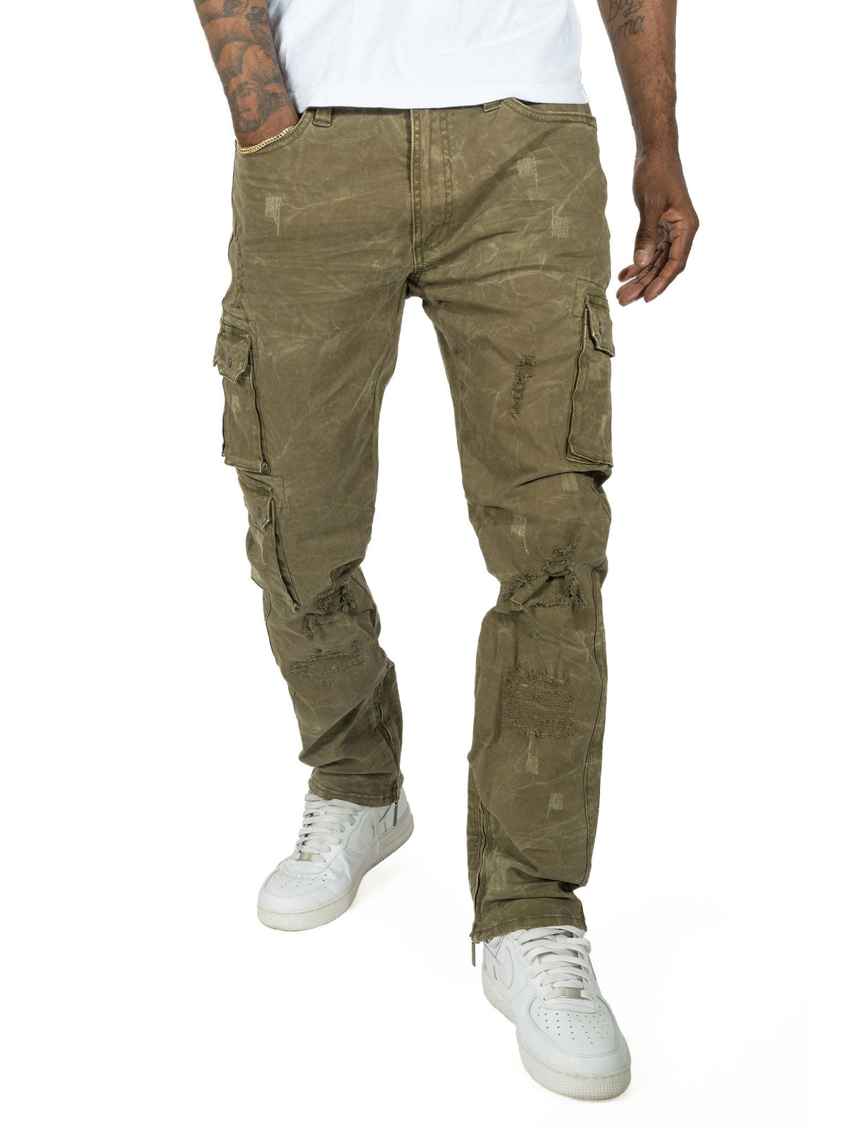 Makobi Berteli Acid Cargo Pants in Olive, worn by a model