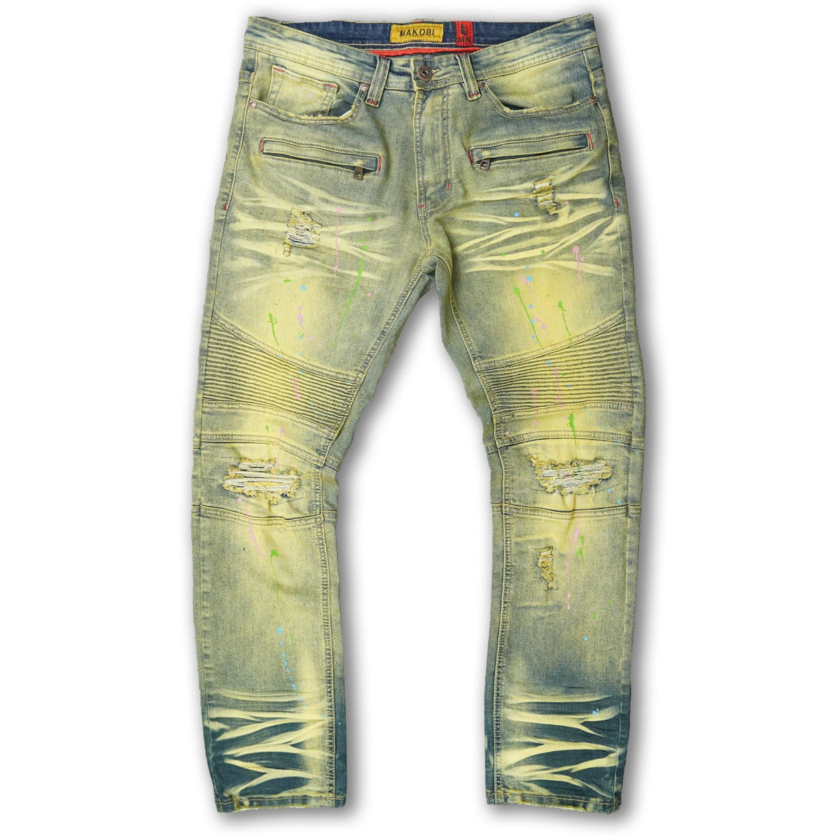 Makobi Super Sauce Biker Jeans in Dirt Wash, product flat lay