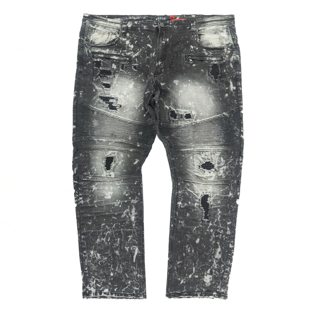 M1779 Makobi Biker Jeans with Rip Damages  - Black