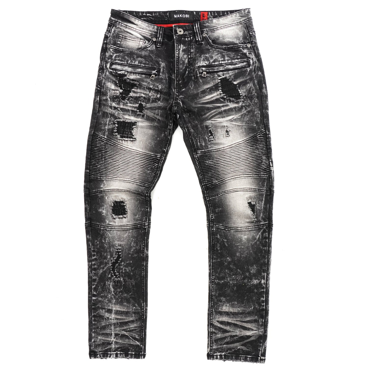 Makobi Prado Biker Jeans with Rip & Repair, Black Wash, front view, alternate format