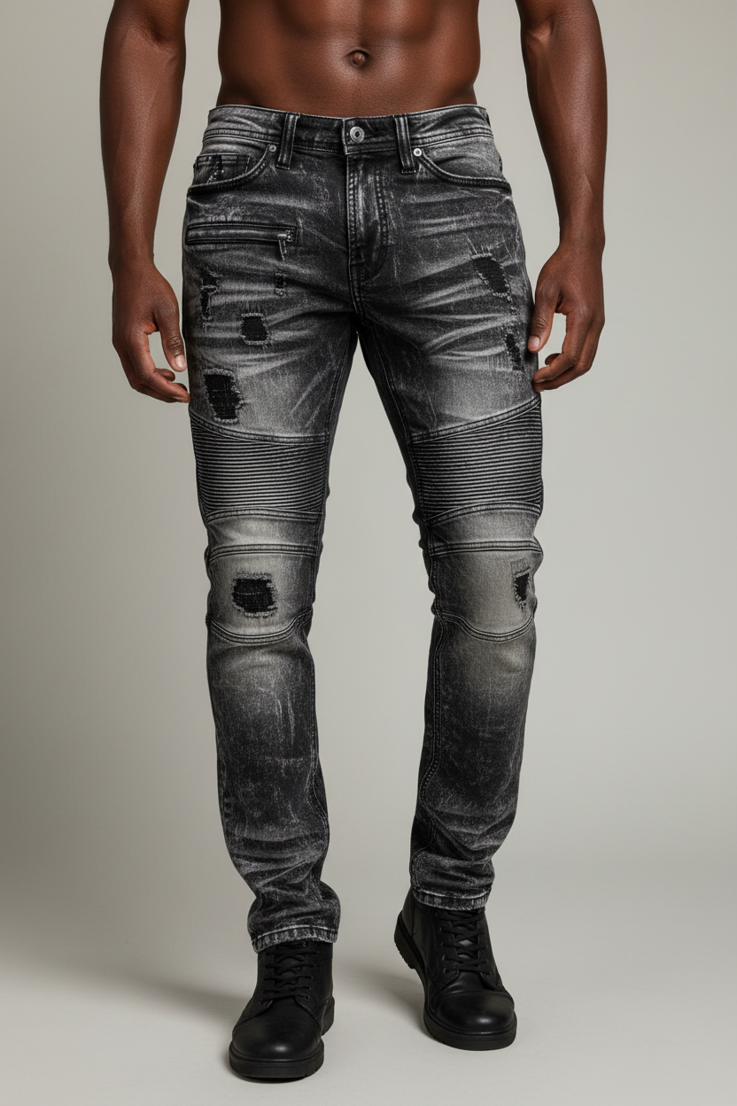 Makobi Prado Biker Jeans with Rip & Repair, Black Wash, front view