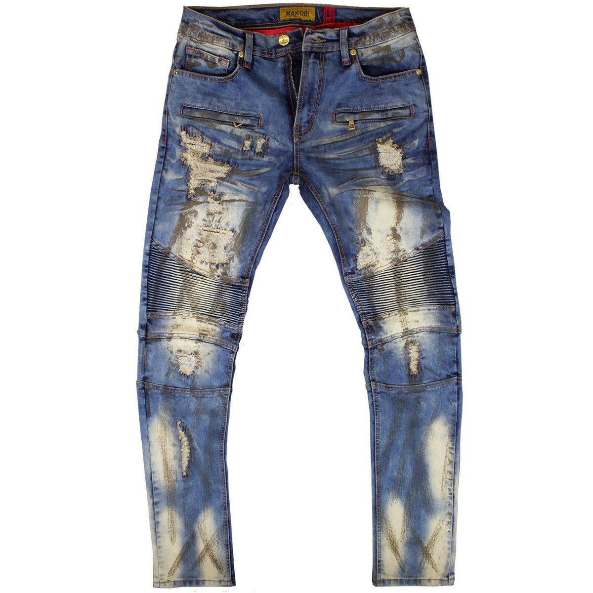 Makobi Biker Jeans with Blasting & Repair Stitching, Vintage Wash, product front
