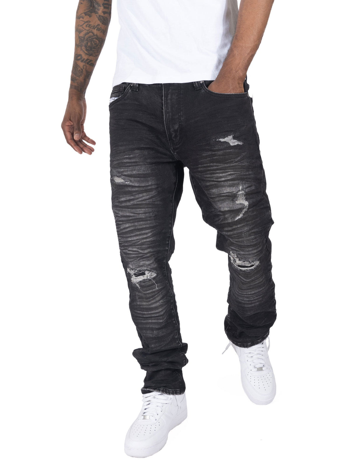 Makobi Toronto Jeans in Black, worn front view