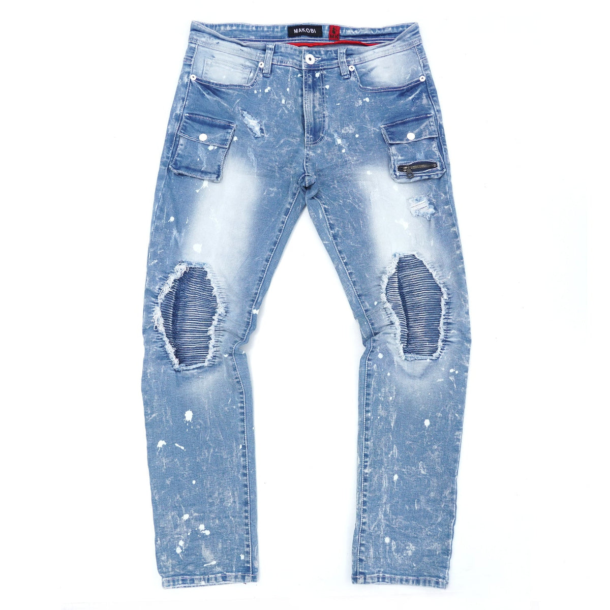 Makobi Cannon Shredded Denim Jeans in Light Wash, detail view