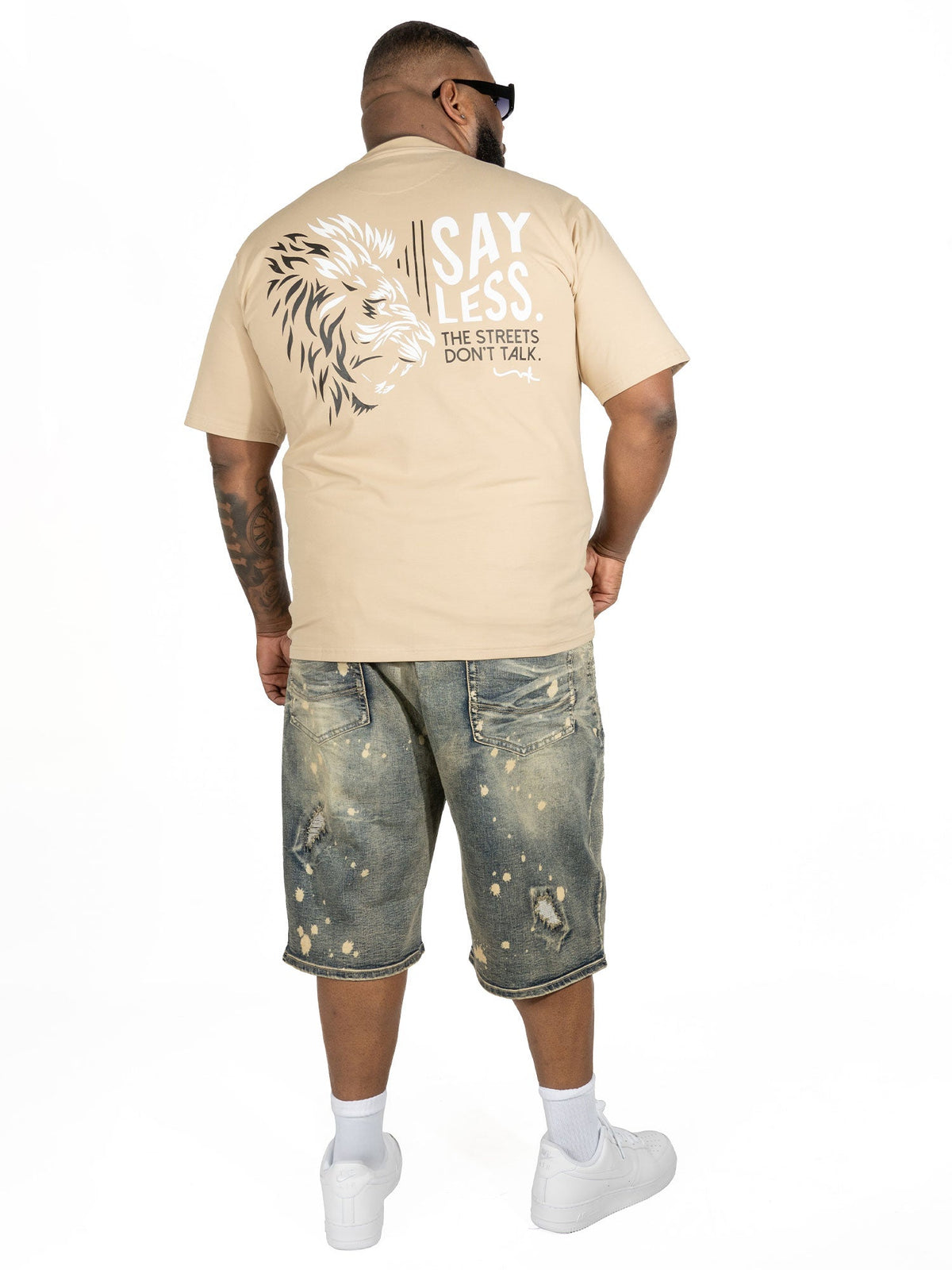 Makobi Gianos Lion Tee in Khaki, worn by a model, alternate angle
