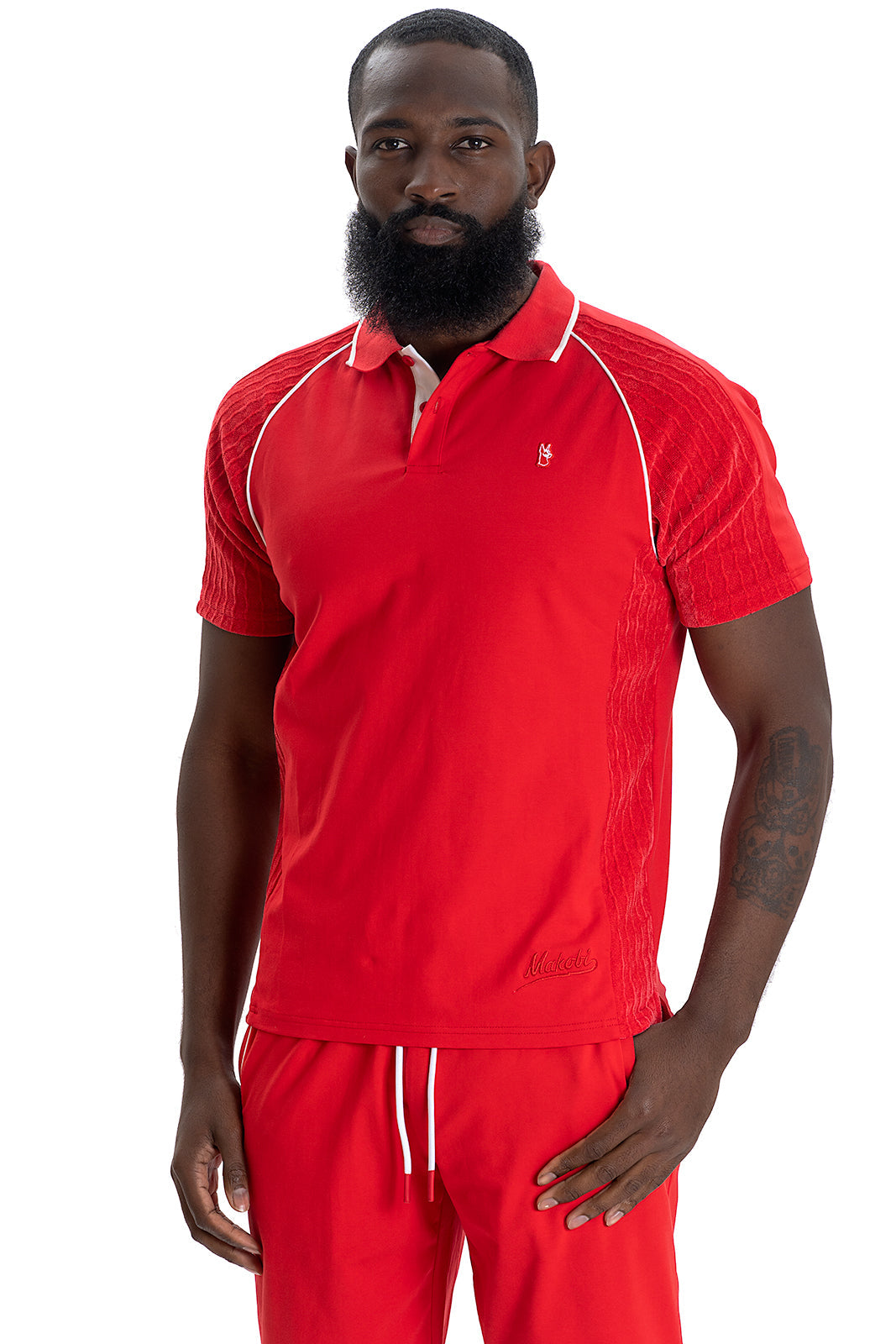 Makobi Daniali Polo Shirt, Red, worn by model, front view