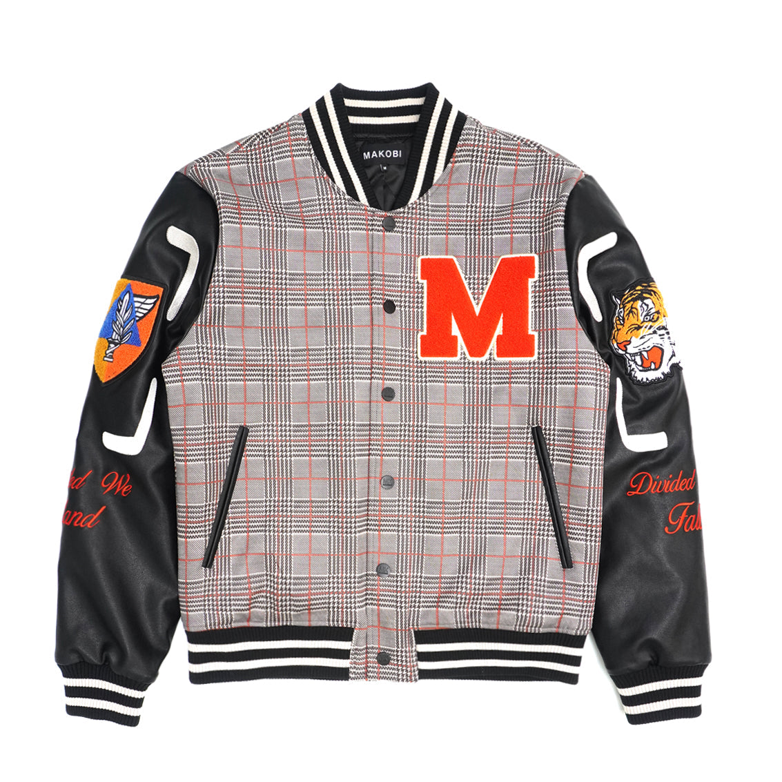 Makobi Vercelli Plaid Varsity Jacket in Black, front view