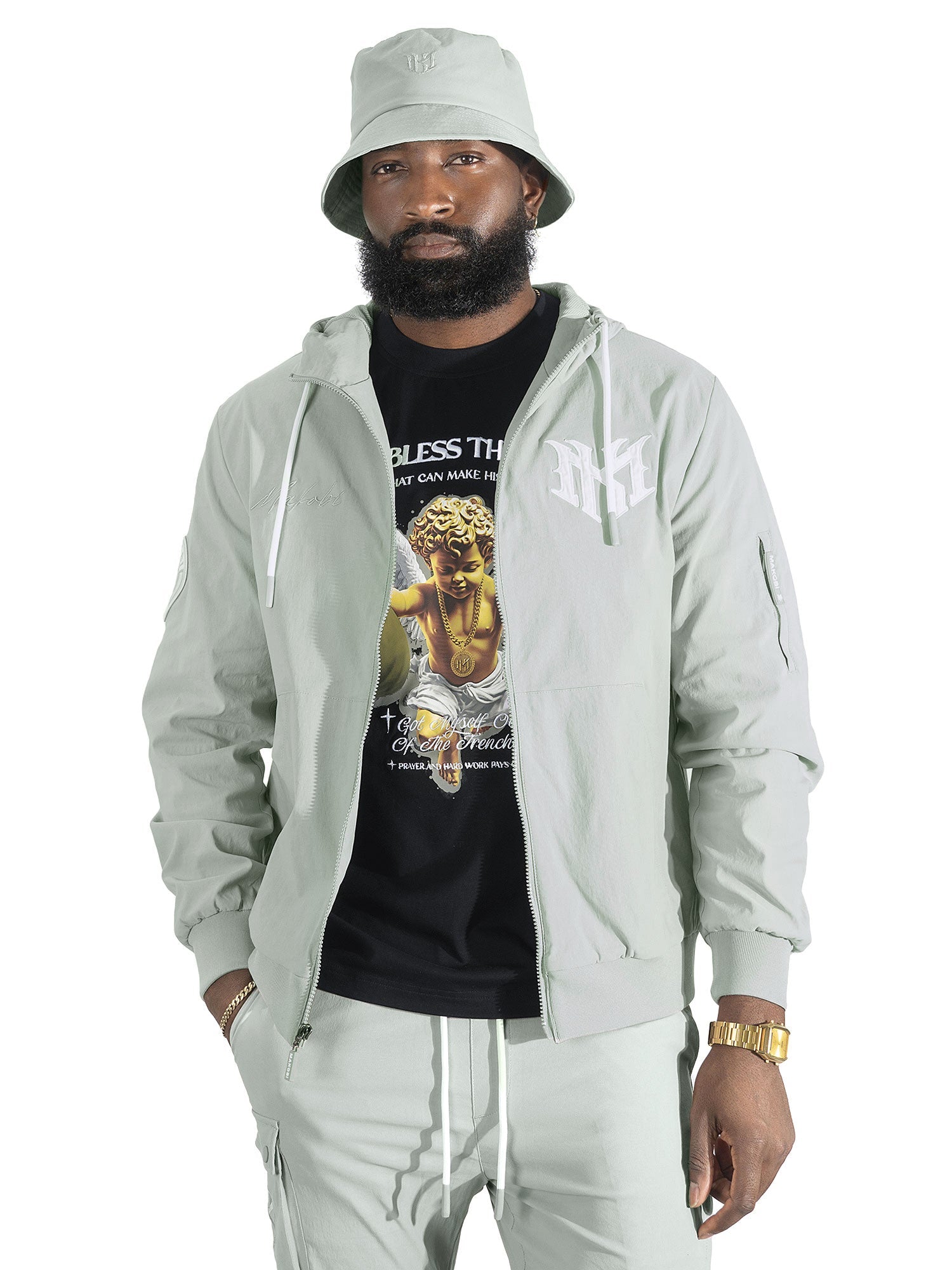 Nylon Hoodie | M4634 Adorni Zip Up- Gray