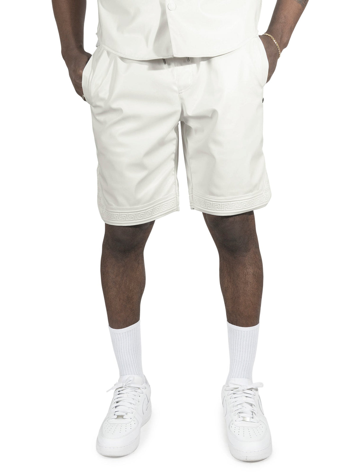 Makobi Belluci Vegan Leather Shorts in White, front view