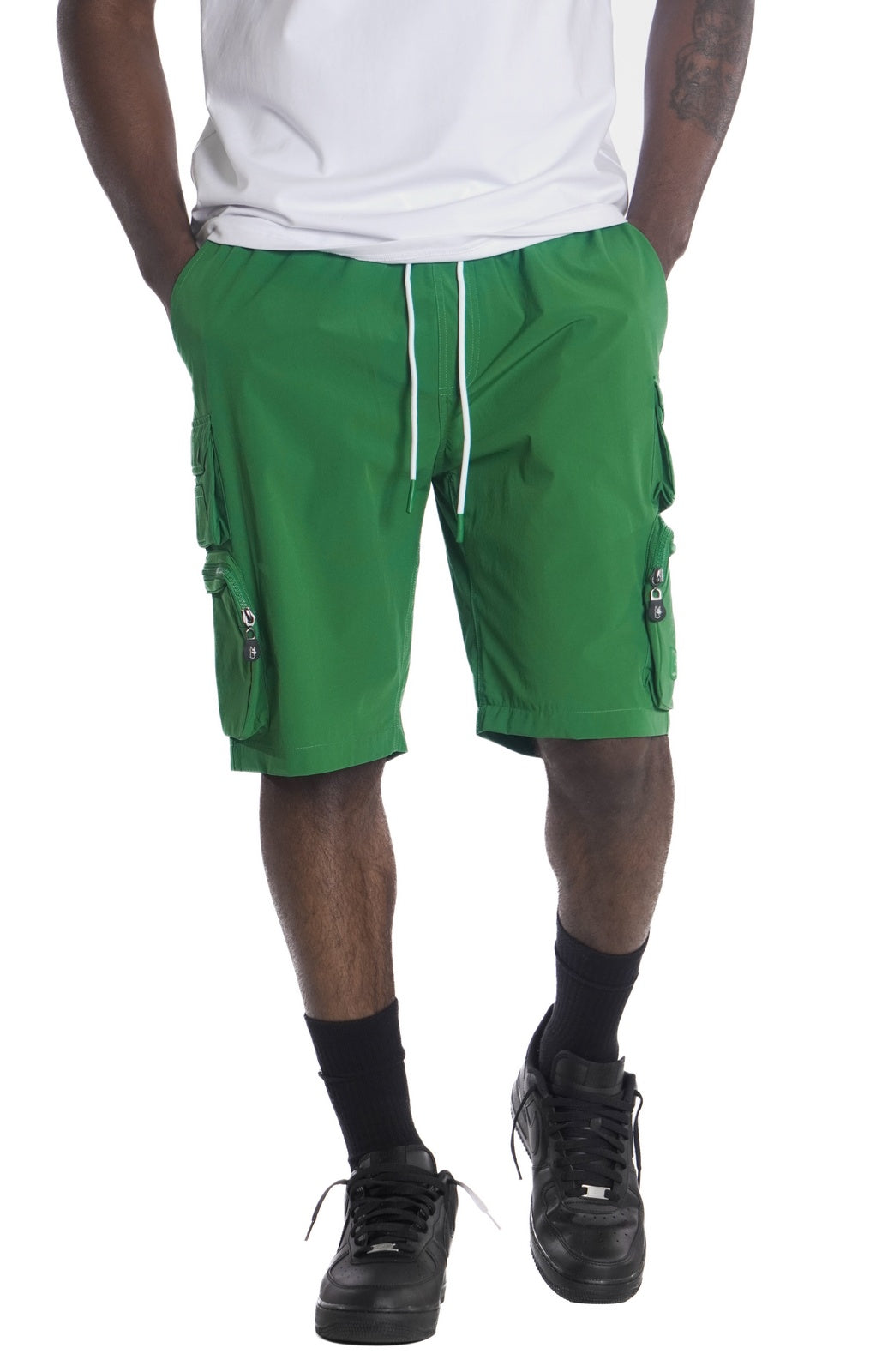 Makobi Colton Nylon Spandex Cargo Shorts in Green, detail view