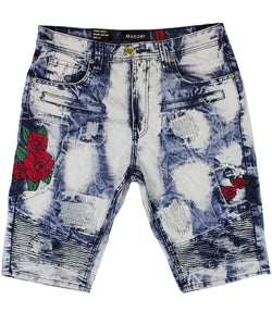 Makobi Biker Rose Shorts in Light Wash, front view