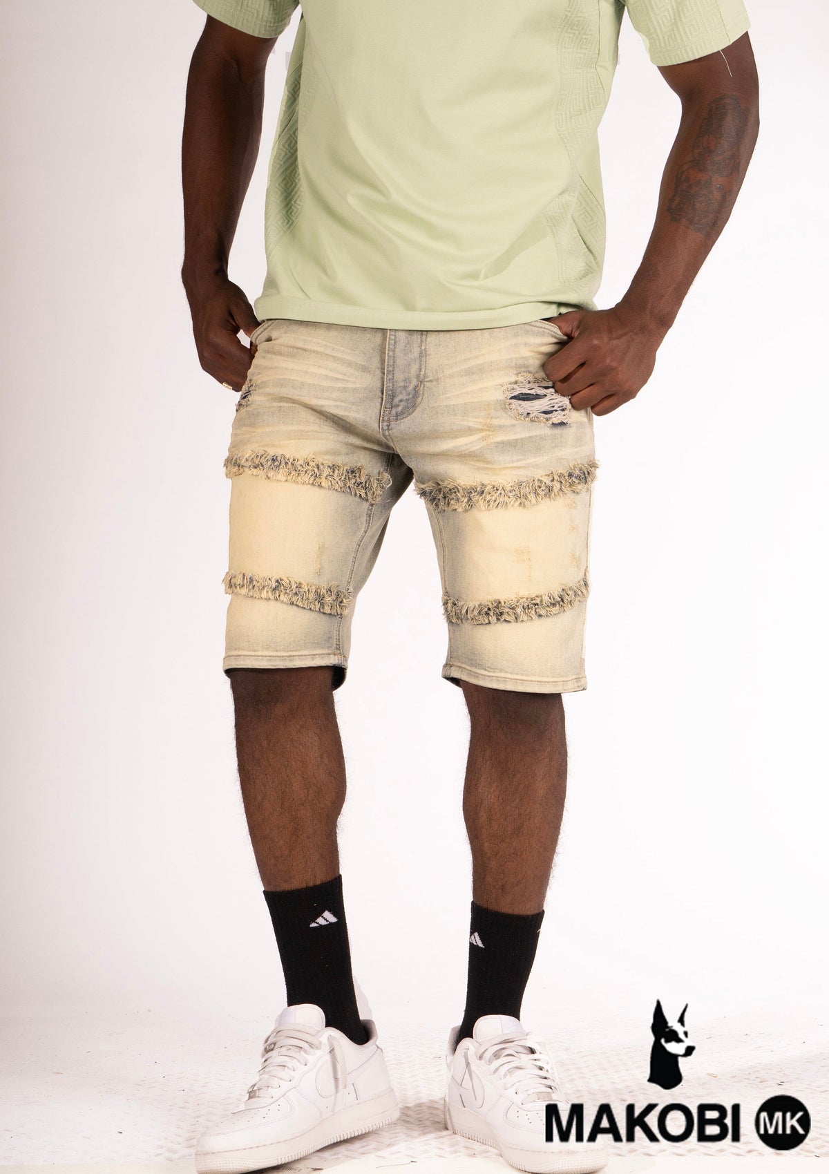Makobi Noah Denim Shorts in Dirt, side view