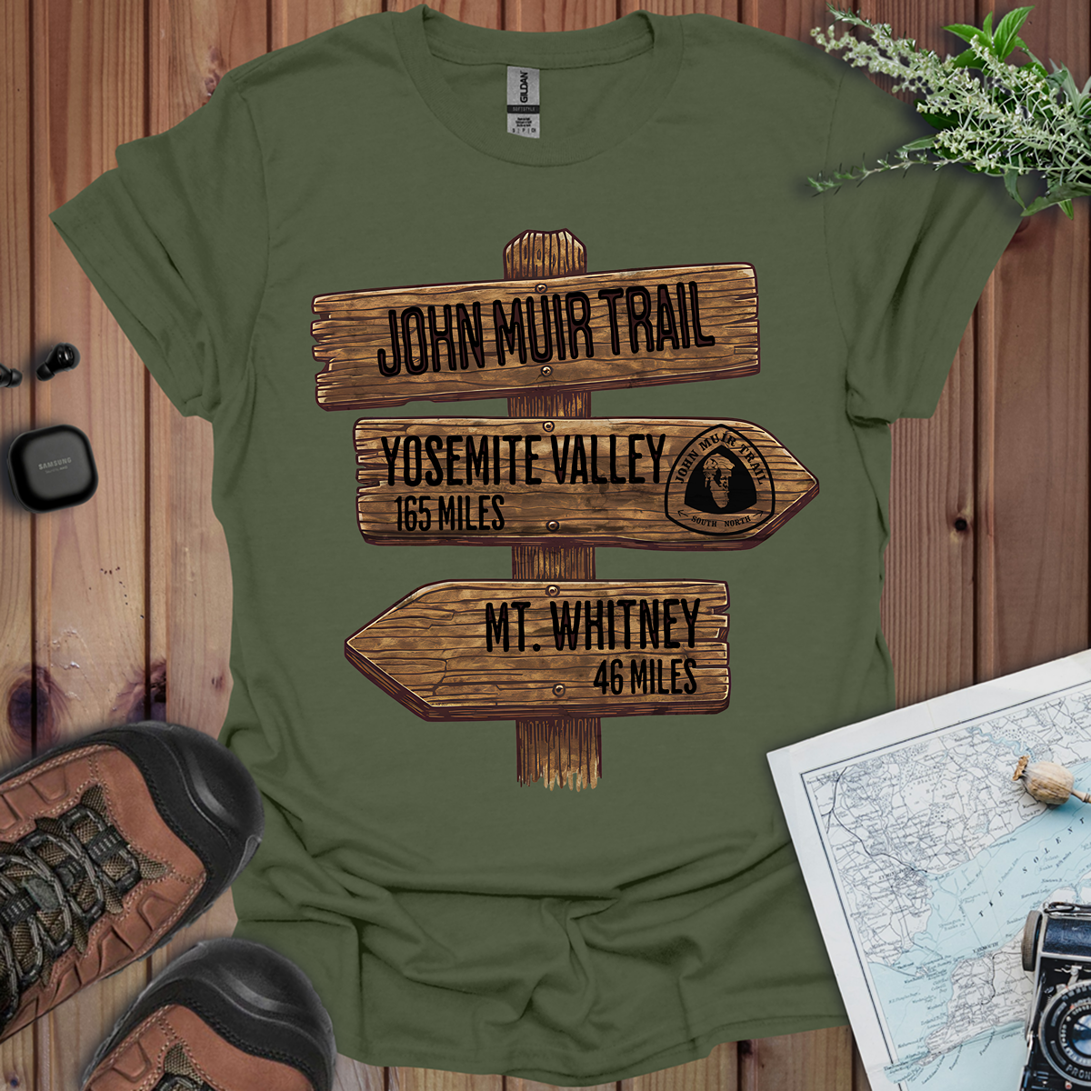 John Muir Trail Unisex Fit Soft T-Shirt Wood Sign 211 Miles