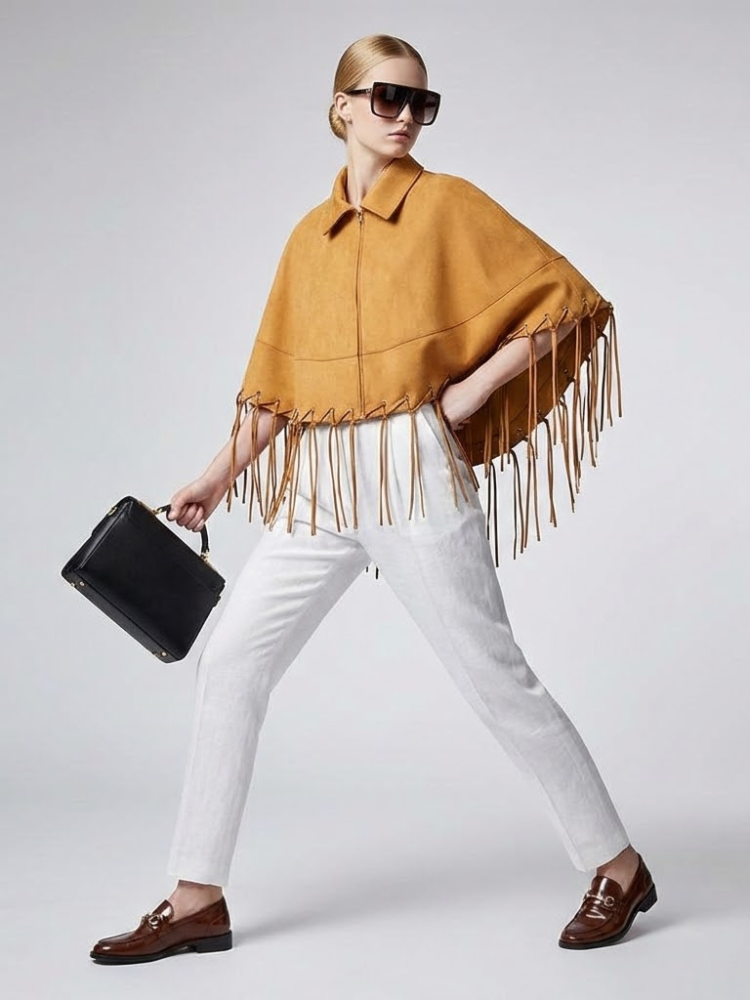 Mustard Suede-Finish Cape with Fringes and Eyelet Details • BYMANYC ® New York