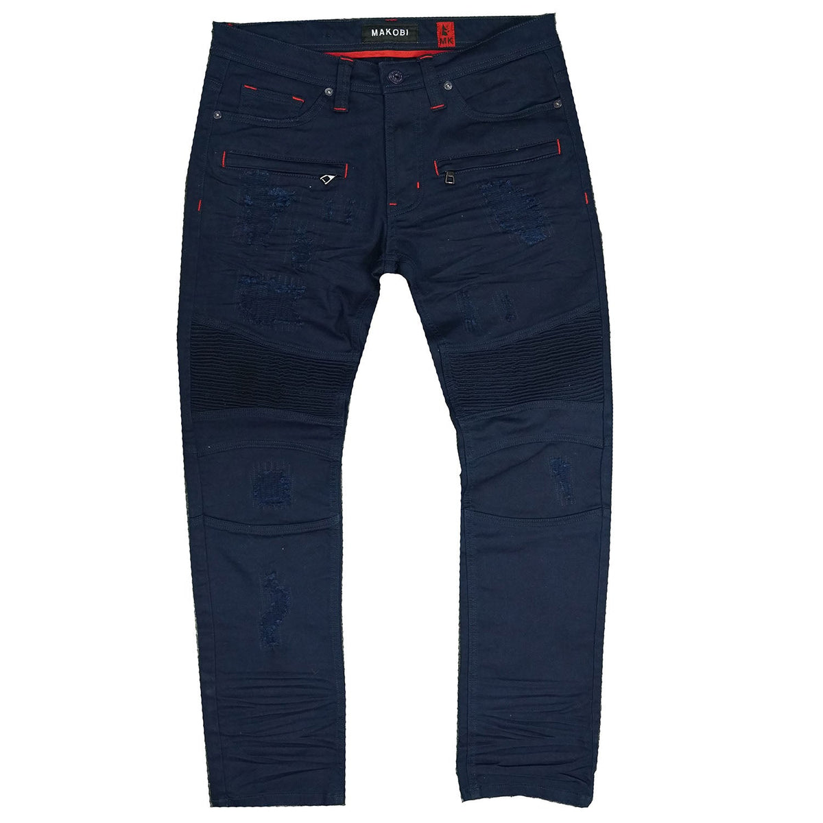 Makobi Prado Biker Jeans with Rip & Repair in Navy, front view
