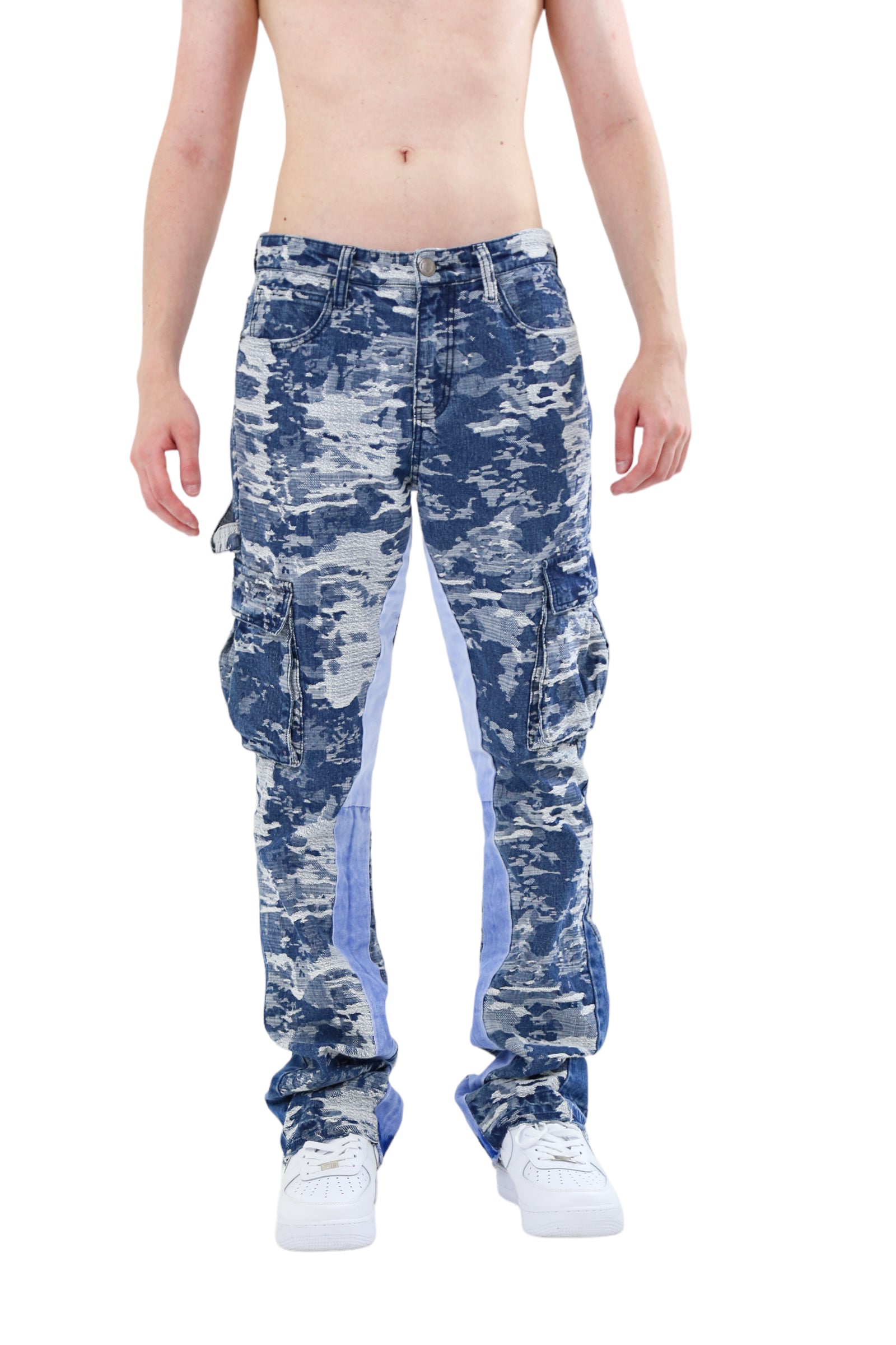 AJS695 Blue Cardo Jacquard Stacked Jeans