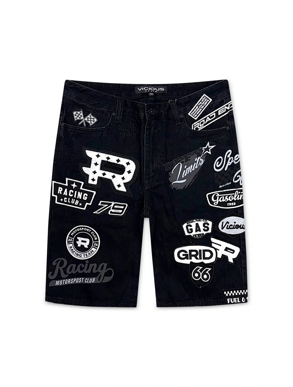 Vicious Denim Premium All Over Patches Shorts - Black