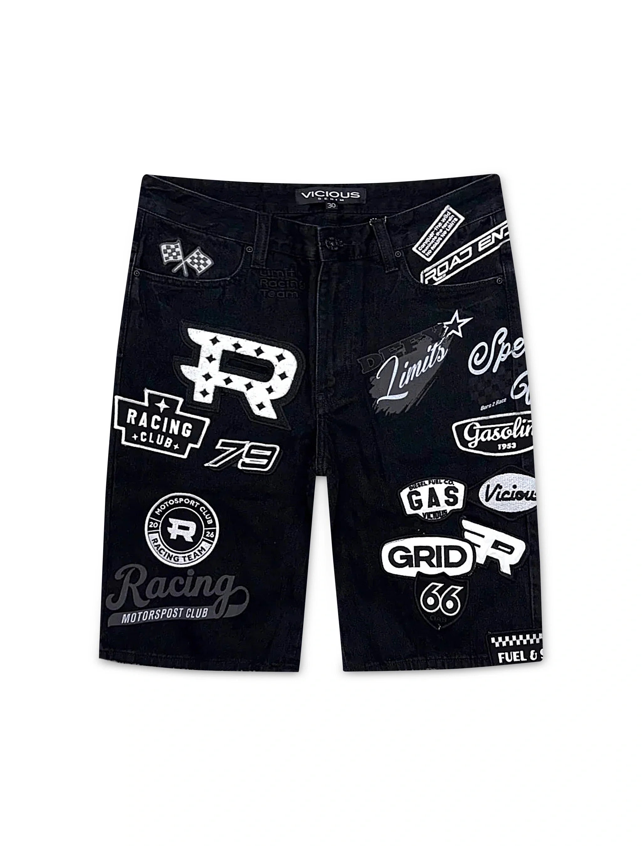 Vicious Denim Premium All Over Patches Shorts - Black