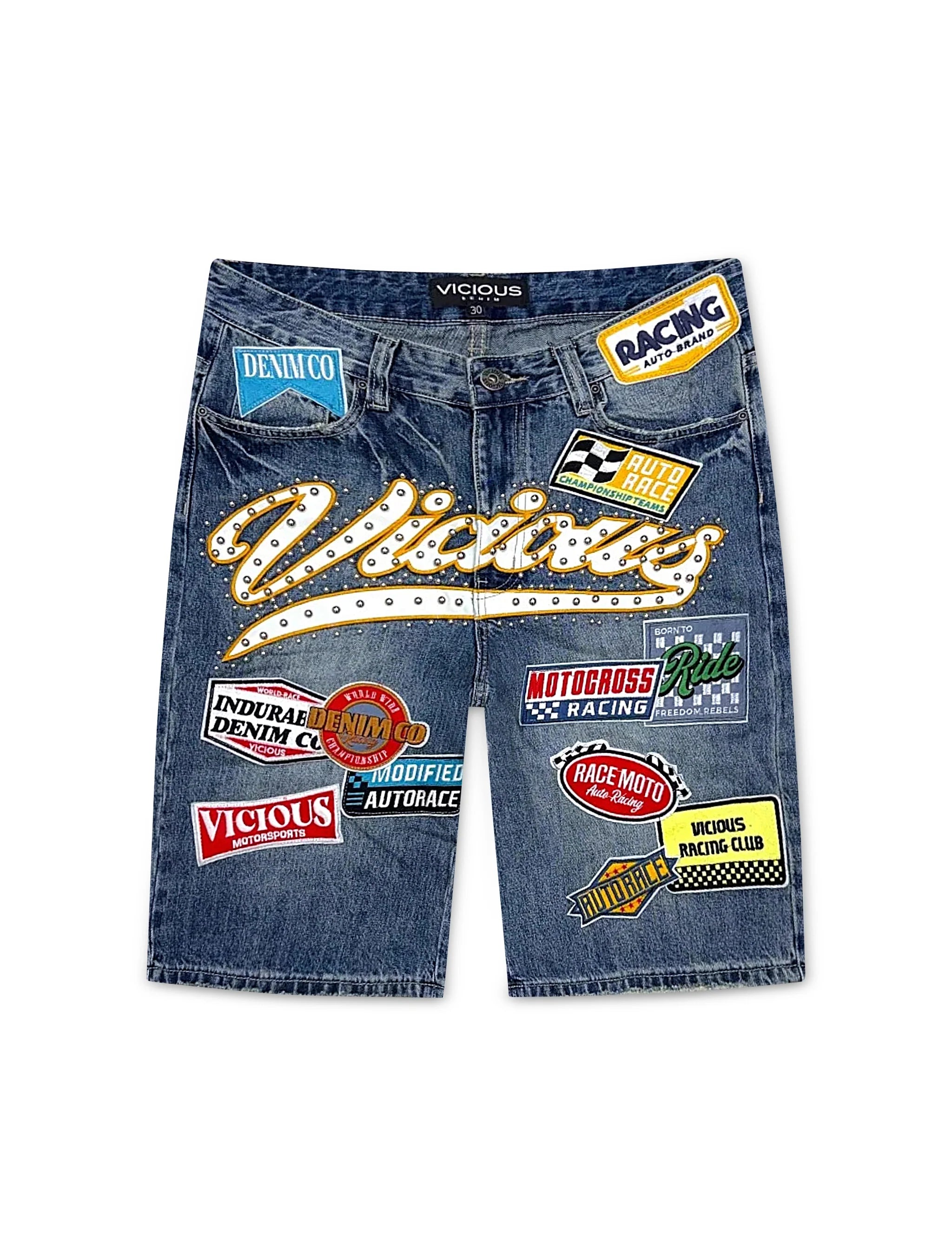 Vicious Denim Patch Shorts - Dark Indigo Blue
