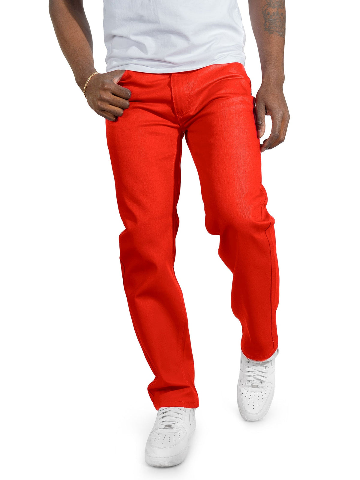 Makobi Veno Twill Denim Jeans in Red, front view