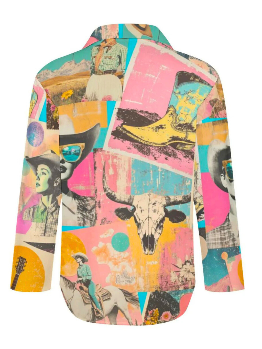 Pop Western Retro Cowgirl Collage Button Up Blouse