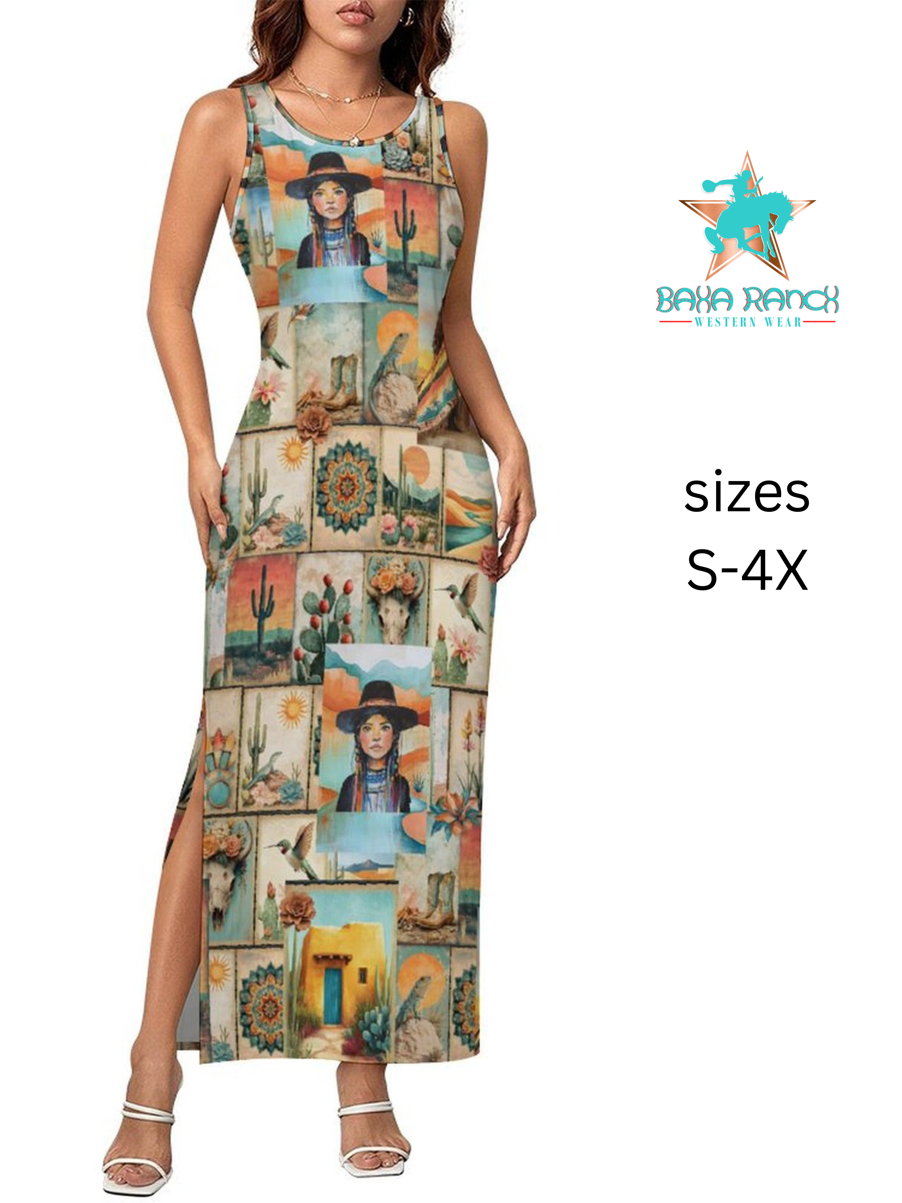 Colores de Mexico Pictures of the Southwest Sleeveless Bodycon Side Slit Long Dress