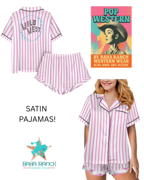 Baha Ranch Retro Pop Western Wild West Pink Pin Stripe Satin Pajamas