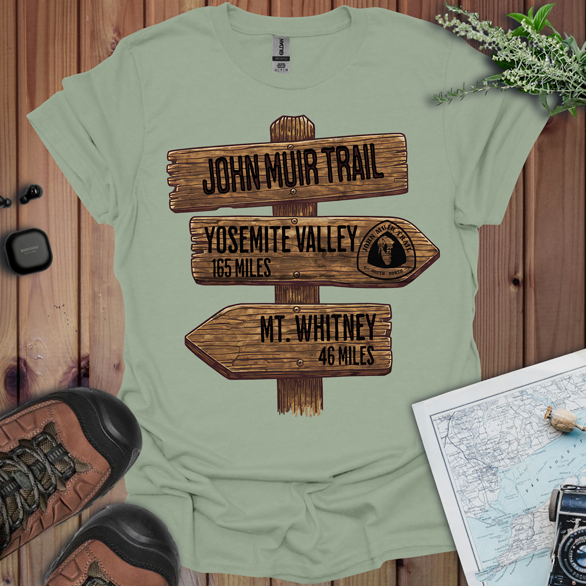 John Muir Trail Unisex Fit Soft T-Shirt Wood Sign 211 Miles