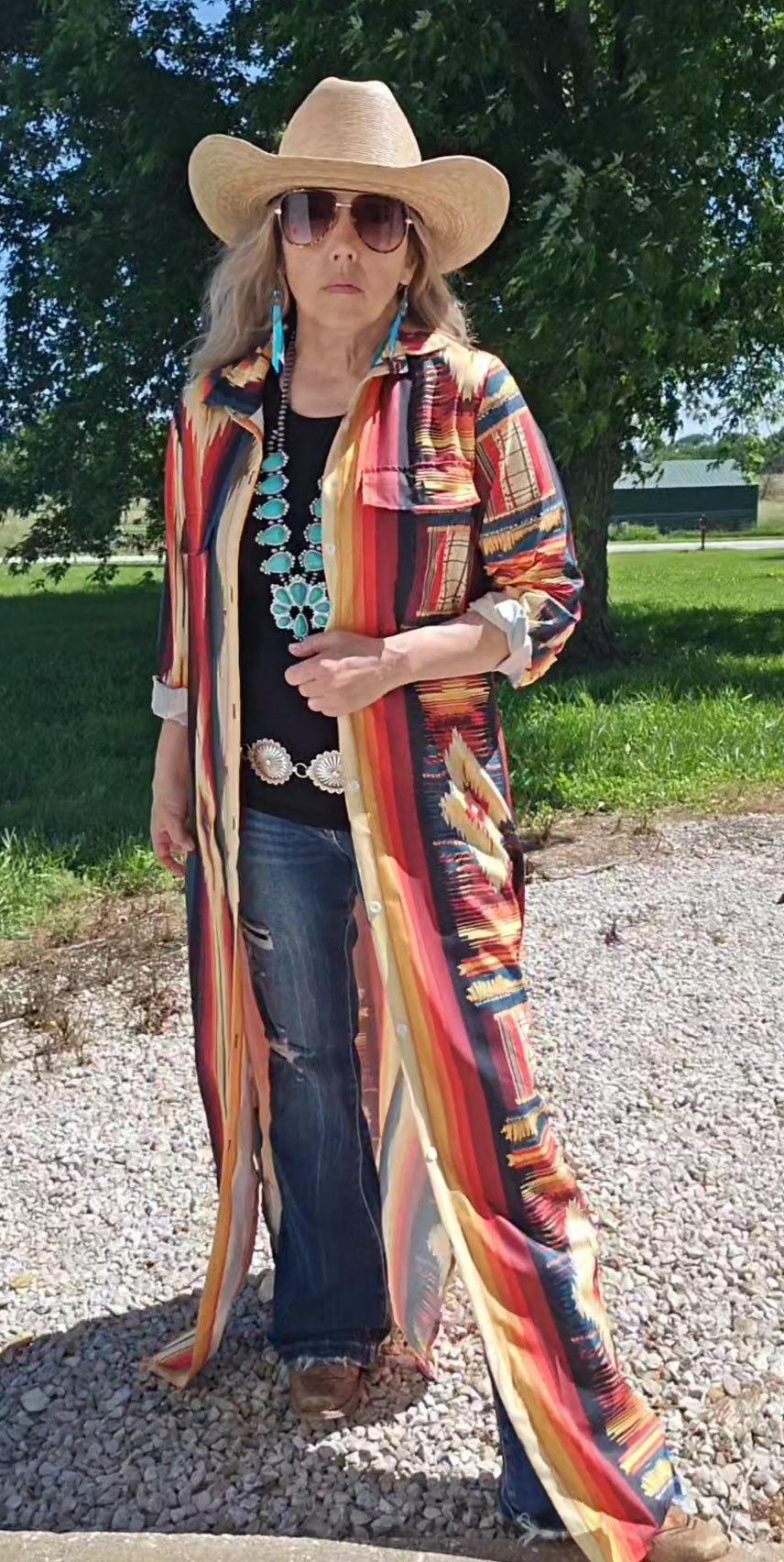 Colores De Mexico Southwestern Aztec Serape Long Sleeve Shirt Dress Duster