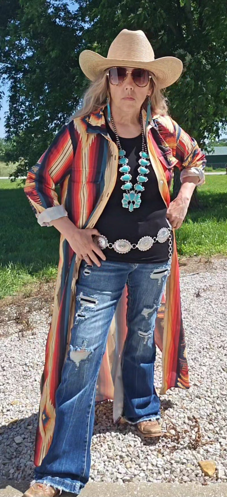 Colores De Mexico Southwestern Aztec Serape Long Sleeve Shirt Dress Duster