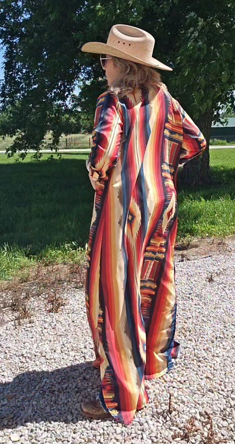 Colores De Mexico Southwestern Aztec Serape Long Sleeve Shirt Dress Duster