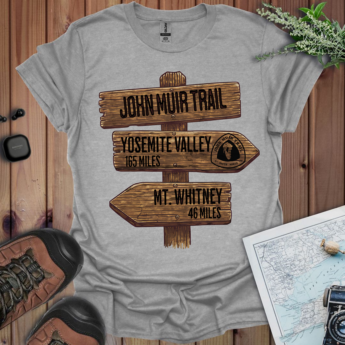 John Muir Trail Unisex Fit Soft T-Shirt Wood Sign 211 Miles