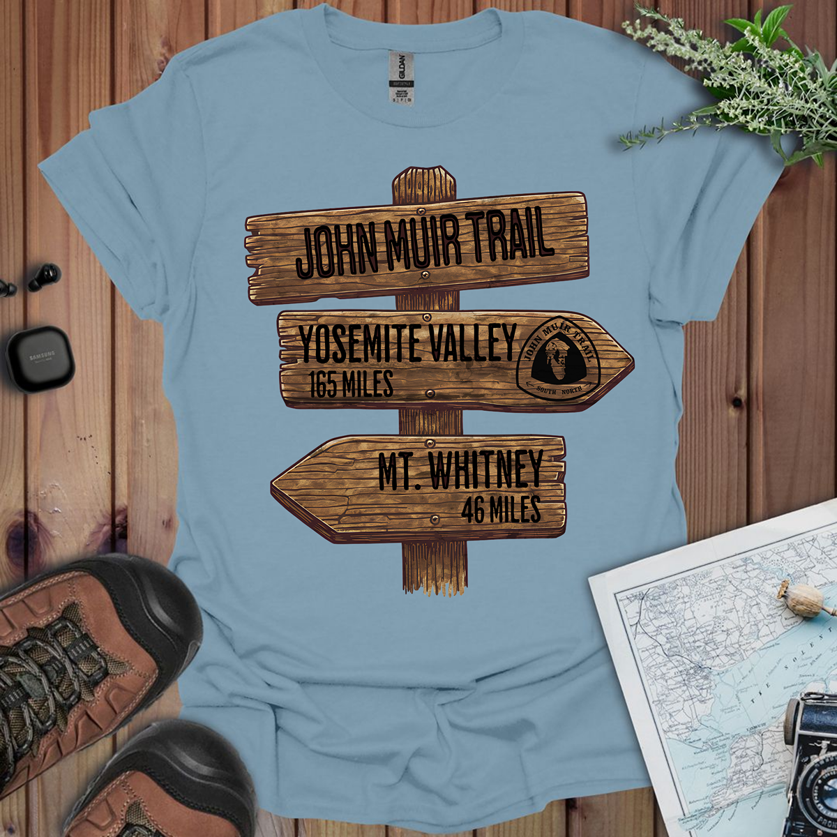 John Muir Trail Unisex Fit Soft T-Shirt Wood Sign 211 Miles