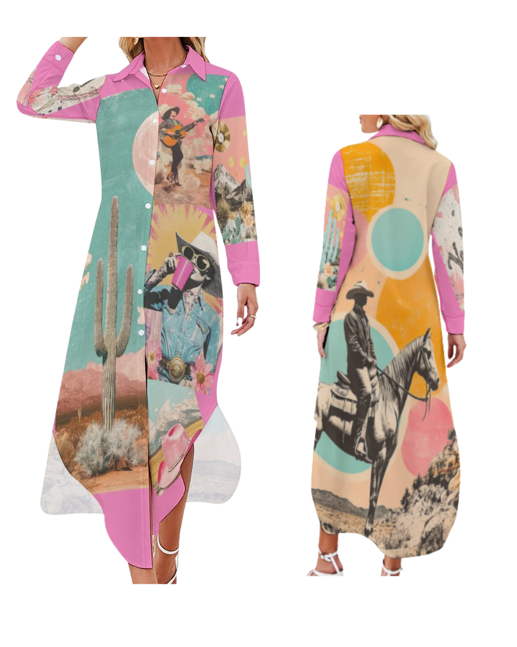 Baha Ranch Retro Pop Western Desert Cowboy Button Up Shirt Dress Duster